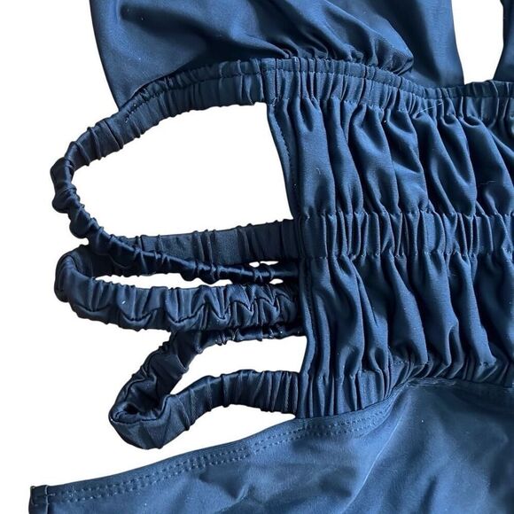Halter Neck Ruched Cutout Strappy Open Back One-Piece Swimsuit Navy Blue Size XL - Picture 5 of 7